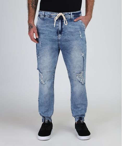 Calca Jeans Masculina Jogger Destroyed Com Cordao Azul Claro Cea