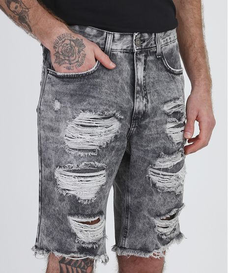 Bermuda-Jeans-Masculina-Slim-Destroyed-Marmorizada-com-Bolsos--Preta-9952916-Preto_1