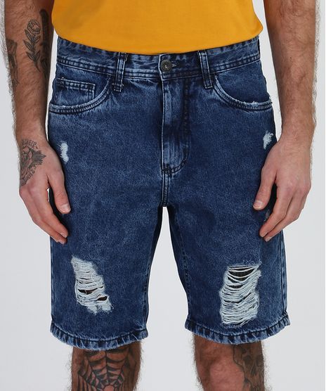 Bermuda-Jeans-Masculina-Slim-Marmorizada-Destroyed-com-Bolsos--Azul-Escuro-9954882-Azul_Escuro_1
