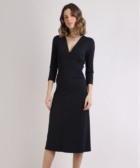 Vestido-Feminino-Midi-Manga-3-4-Decote-V-Preto-9946827-Preto_1