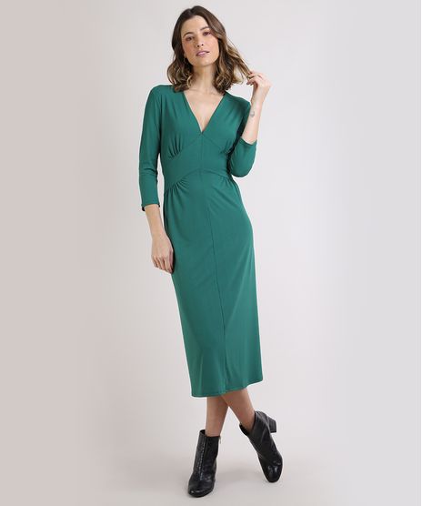 Vestido-Feminino-Midi-Manga-3-4-Decote-V-Verde-9946827-Verde_1