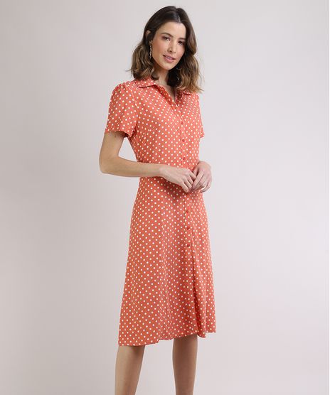 Vestido-Chemise-Feminino-Longo-Estampado-Poa-Manga-Curta-Laranja-9951034-Laranja_1