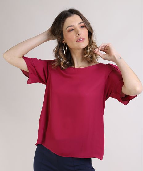 Blusa-Feminina-com-Recorte-Manga-Curta-Decote-Redondo-Rosa-Escuro-9946521-Rosa_Escuro_1