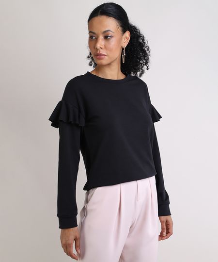 Blusão de Moletom Feminino Babados Decote Redondo Preto - G Menor preço em Blusão de Moletom Feminino Babados Decote Redondo Preto - G