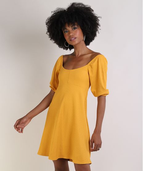 Vestido-Feminino-Curto-Canelado-Manga-Bufante-Mostarda-9952165-Mostarda_1