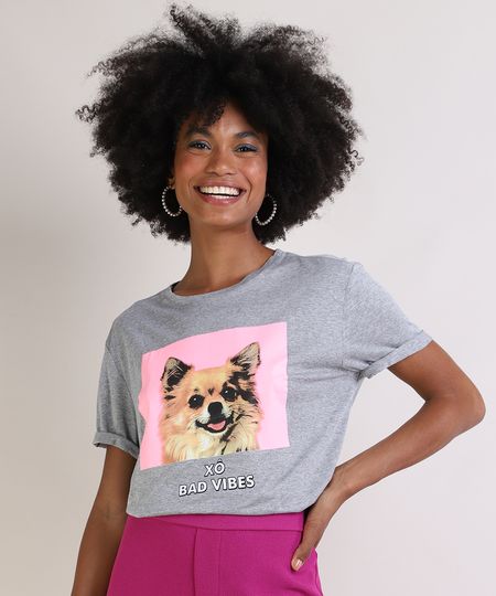 Blusa-Feminina-Cachorro--Xo-Bad-Vibes--Manga-Curta-Decote-Redondo-Cinza-Mescla-9954326-Cinza_Mescla_1