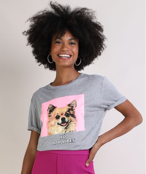 Blusa-Feminina-Cachorro--Xo-Bad-Vibes--Manga-Curta-Decote-Redondo-Cinza-Mescla-9954326-Cinza_Mescla_1