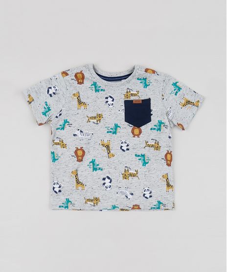 Camiseta-Infantil-Estampada-de-Bichos-com-Bolso-Manga-Curta-Cinza-Mescla-Claro-9954940-Cinza_Mescla_Claro_1