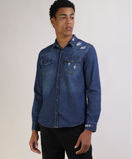 Camisa-Jeans-Masculina-Tradicional-Destroyed-com-Bolsos-Manga-Longa-Azul-Escuro-9943160-Azul_Escuro_1
