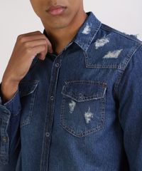 Camisa-Jeans-Masculina-Tradicional-Destroyed-com-Bolsos-Manga-Longa-Azul-Escuro-9943160-Azul_Escuro_4