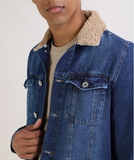 jaqueta jeans com gola de pelo masculina