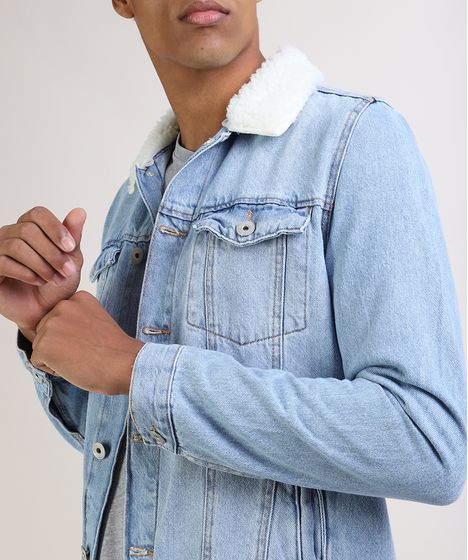 jaqueta jeans com pelo na gola masculina