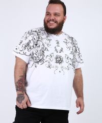 Camiseta-Masculina-Plus-Size-com-Arabescos-e-Tigre-Manga-Curta-Gola-Careca-Branca-9953077-Branco_1