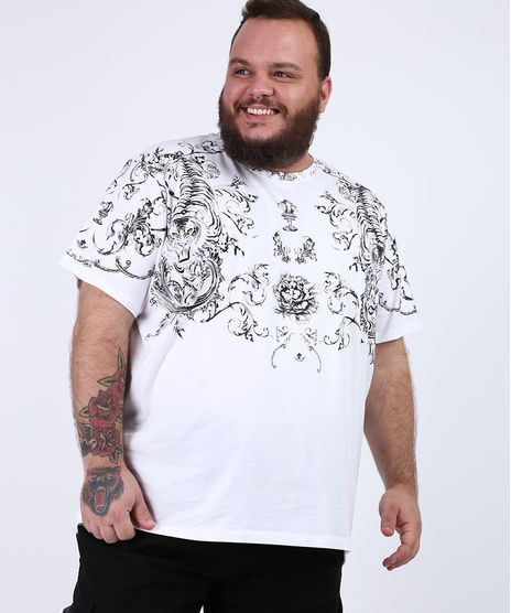 Camiseta-Masculina-Plus-Size-com-Arabescos-e-Tigre-Manga-Curta-Gola-Careca-Branca-9953077-Branco_1