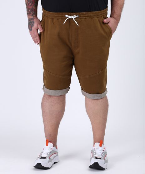 Bermuda-de-Sarja-Masculina-Plus-Size-Relaxed-com-Recortes-e-Cordao-Caramelo-9956627-Caramelo_1