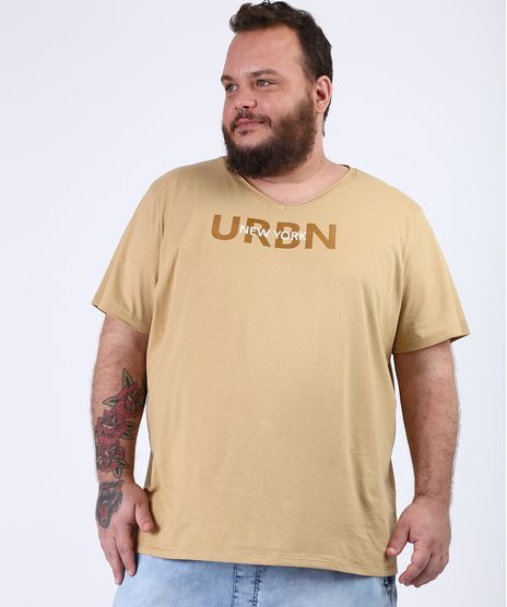Camiseta-Masculina-Plus-Size--New-York--Manga-Curta-Gola-V-Bege-9956878-Bege_1