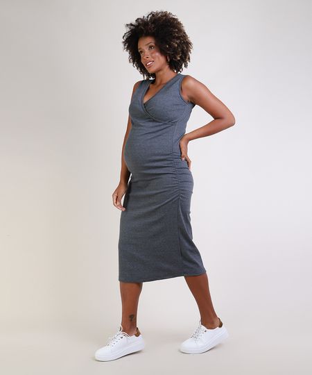 Vestido-Feminino-Gestante-Midi-Canelado-Transpassado-com-Franzido-Sem-Manga-Cinza-Mescla-Escuro-9955983-Cinza_Mescla_Escuro_1