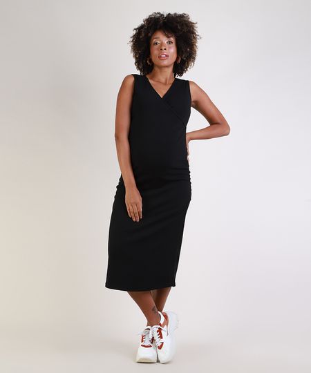 Vestido-Feminino-Gestante-Midi-Canelado-Transpassado-com-Franzido-Sem-Manga-Preto-9955983-Preto_1