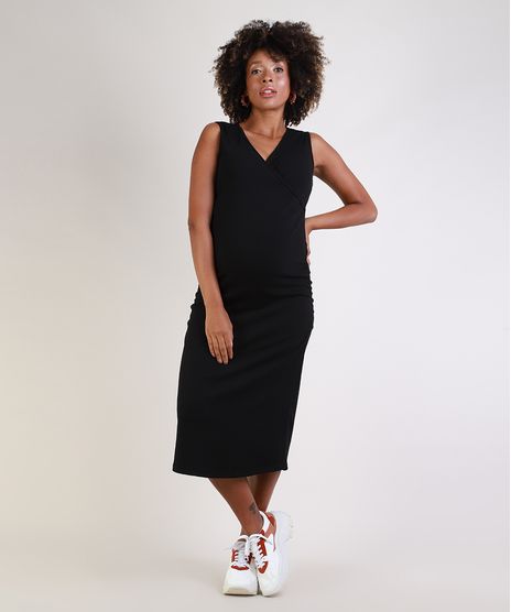 Vestido-Feminino-Gestante-Midi-Canelado-Transpassado-com-Franzido-Sem-Manga-Preto-9955983-Preto_1