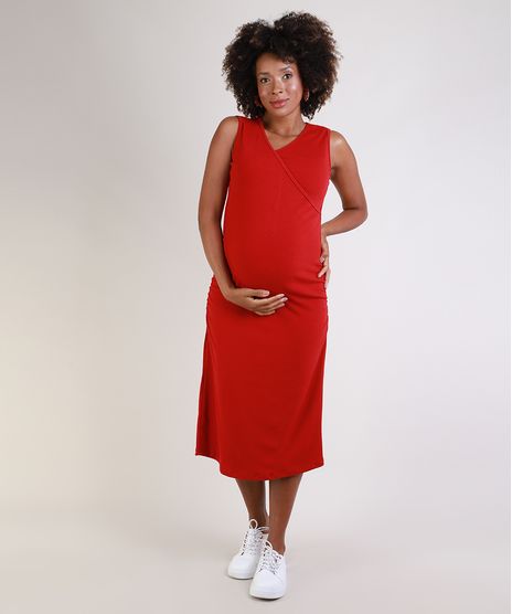 Vestido-Feminino-Gestante-Midi-Canelado-Transpassado-com-Franzido-Sem-Manga-Vermelho-9955983-Vermelho_1