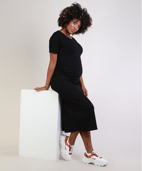 Vestido-Feminino-Gestante-Midi-com-Franzido-Manga-Curta-Preto-9955992-Preto_1