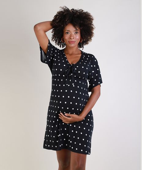 Vestido-Feminino-Gestante-Curto-Estampado-de-Poa-com-No-Manga-Curta-Preto-9955986-Preto_1