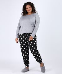 Pijama-Feminino-Plus-Size-com-Bolso-e-Estampa-de-Poa-Manga-Longa-Cinza-Mescla-9953325-Cinza_Mescla_1