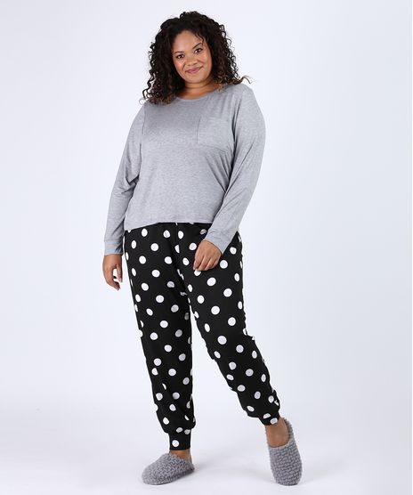Pijama-Feminino-Plus-Size-com-Bolso-e-Estampa-de-Poa-Manga-Longa-Cinza-Mescla-9953325-Cinza_Mescla_1