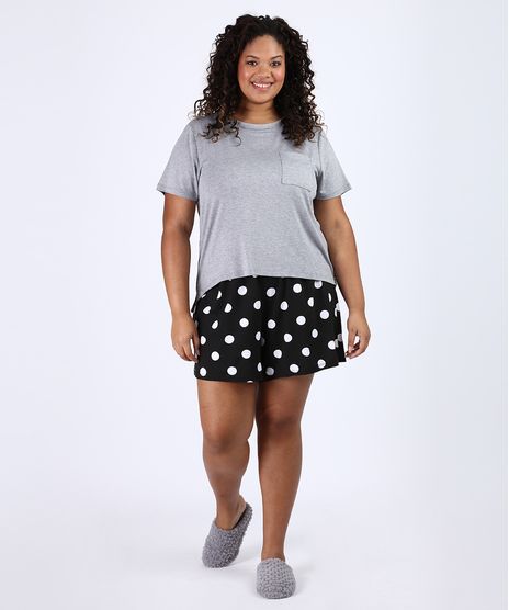 Pijama-Feminino-Plus-Size-com-Bolso-e-Estampa-de-Poa-Manga-Curta-Cinza-Mescla-9953327-Cinza_Mescla_1