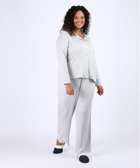 Pijama-Feminino-Plus-Size-Camisa-com-Vivo-Contrastante-e-Bolso-Manga-Longa-Cinza-Mescla-Claro-9955076-Cinza_Mescla_Claro_1