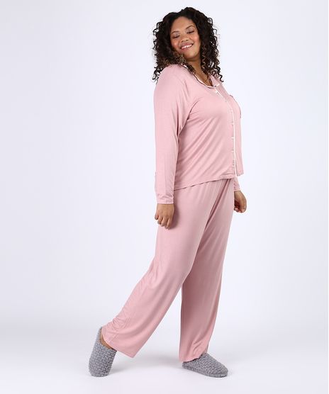Pijama-Feminino-Plus-Size-Camisa-com-Vivo-Contrastante-e-Bolso-Manga-Longa-Rosa-9955076-Rosa_1