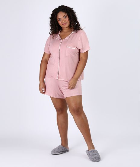 Pijama-Feminino-Plus-Size-Camisa-com-Vivo-Contrastante-e-Bolso-Manga-Curta-Rosa-9955077-Rosa_1