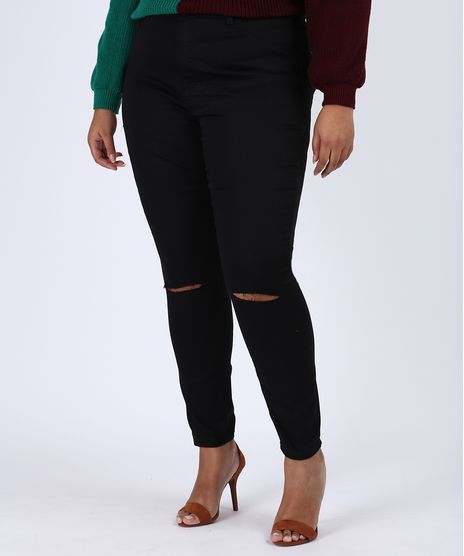 Calca-de-Sarja-Feminina-Plus-Size-Super-Skinny-Cintura-Alta-com-Rasgo-no-Joelho-Preta-9956783-Preto_1
