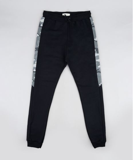 Calca-de-Moletom-Juvenil-Jogger-com-Recorte-Lateral-Camuflado-Preta-9942949-Preto_1