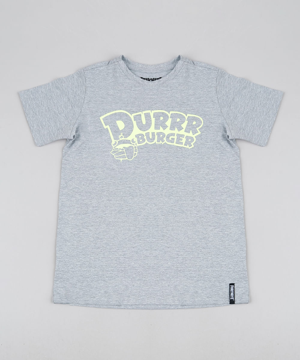 Camiseta Juvenil Durrr Burger Fortnite Manga Curta Cinza Mescla