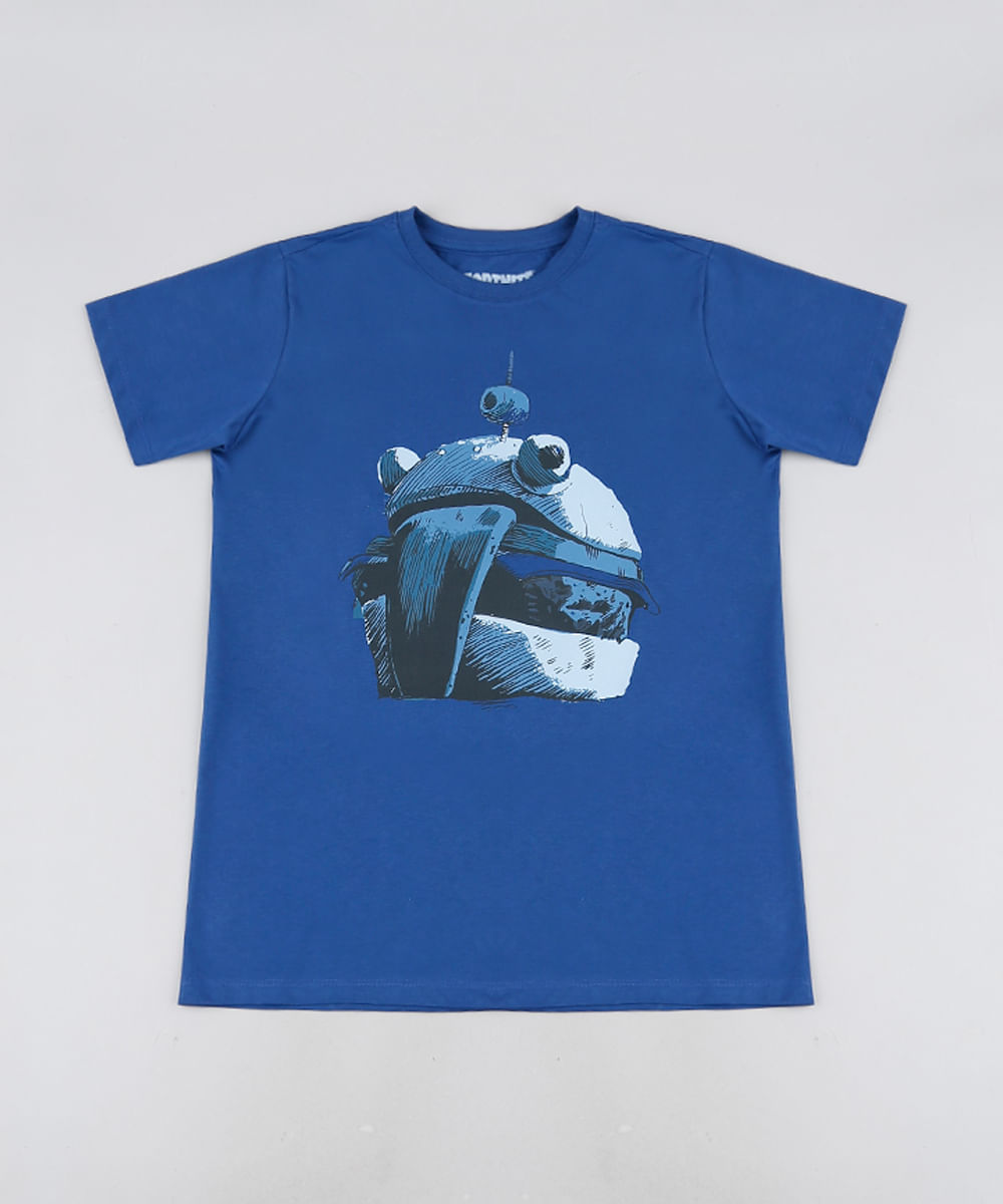 Camiseta Juvenil Burger Fortnite Manga Curta Azul Royal