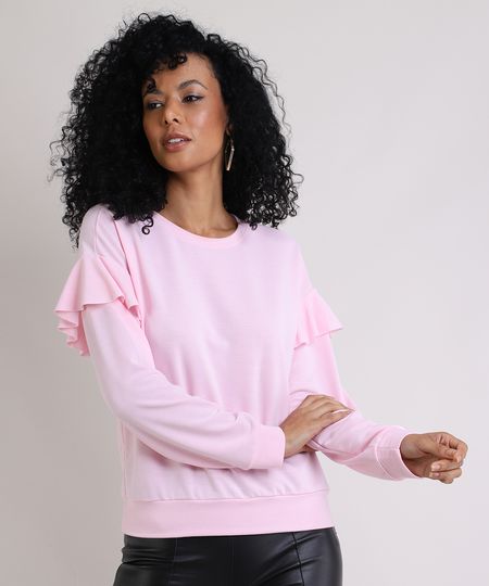 Blusão de Moletom Feminino com Babados Decote Redondo Rosa - G Menor preço em Blusão de Moletom Feminino com Babados Decote Redondo Rosa - G