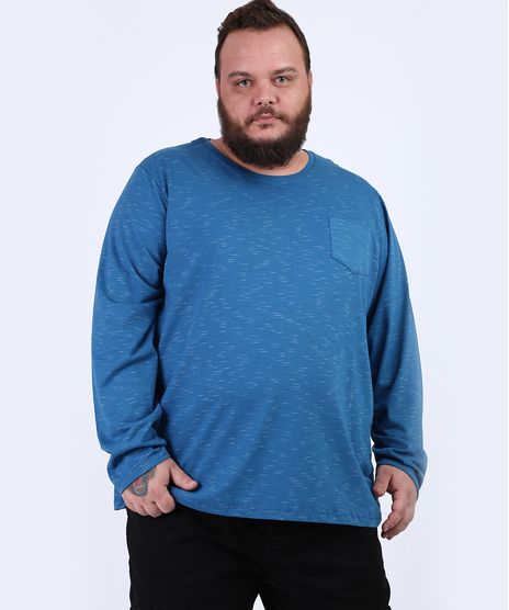 Camiseta-Masculina-Plus-Size-Basica-com-Bolso-Manga-Longa-Gola-Careca-Azul-9954909-Azul_1