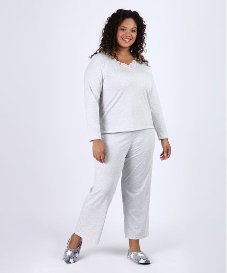 Pijama-Feminino-Plus-Size-com-Renda-Manga-Longa-Cinza-Mescla-Claro-9953336-Cinza_Mescla_Claro_1