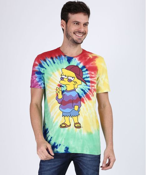 Camiseta Oxer Básica Mescla Raglan Masculina Camiseta Masculina Lisa Simpson Estampada Tie Dye Manga Curta Gola Careca Multicor Cea