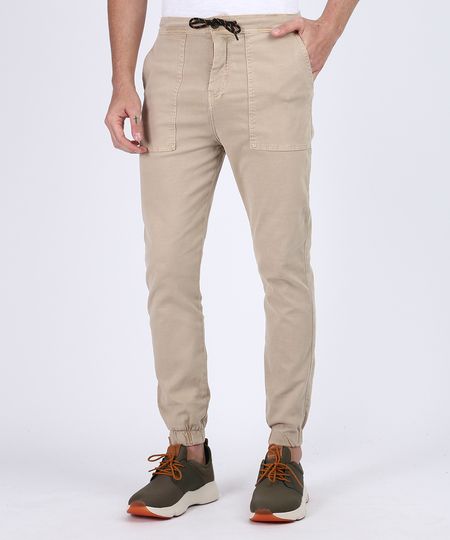 Calca-de-Sarja-Masculina-Jogger-com-Bolsos-e-Cordao-Para-Amarrar-Kaki-9942088-Kaki_1