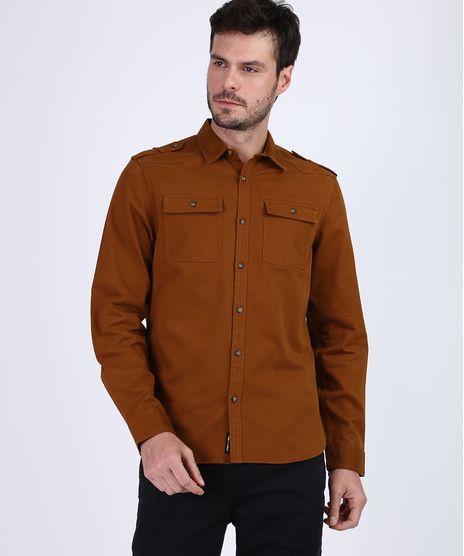 Camisa-de-Sarja-Masculina-Tradicional-com-Bolsos-Manga-Longa-Marrom-9942770-Marrom_1