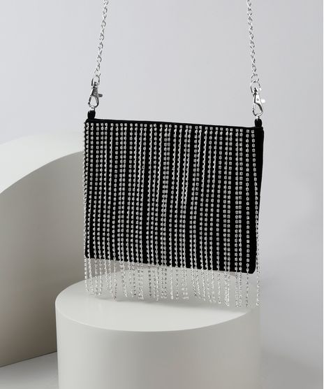 Bolsa-de-Veludo-Feminina-Transversal-Pequena-com-Franjas-de-Strass-e-Alca-de-Corrente-Removivel-Preta-9845706-Preto_1
