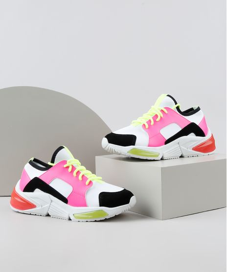 Tenis-Feminino-de-Neoprene-Oneself-Sneaker-Chunky-Color-Block-Neon-Branco-9906436-Branco_1