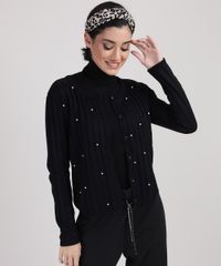Cardigan-de-Trico-Feminino-Canelado-com-Perolas-Decote-Redondo-Preto-9942029-Preto_1