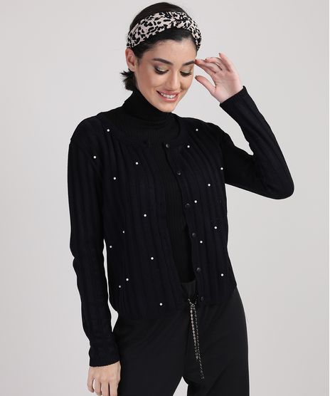 Cardigan-de-Trico-Feminino-Canelado-com-Perolas-Decote-Redondo-Preto-9942029-Preto_1