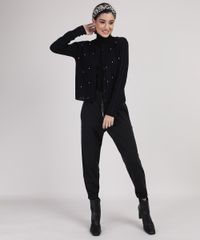 Cardigan-de-Trico-Feminino-Canelado-com-Perolas-Decote-Redondo-Preto-9942029-Preto_2