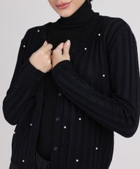 Cardigan-de-Trico-Feminino-Canelado-com-Perolas-Decote-Redondo-Preto-9942029-Preto_4