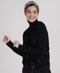Cardigan-de-Trico-Feminino-Canelado-com-Perolas-Decote-Redondo-Preto-9942029-Preto_5