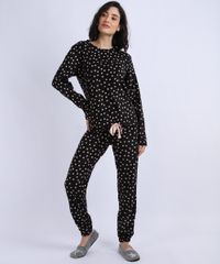 Pijama-Feminino-em-Fleece-Estampado-de-Poa-Manga-Longa--Preto-9836382-Preto_1